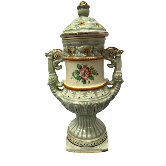 Other - Vintage Hand Painted Japanese Urn & Lid 10" Tall Light Green with Floral Design